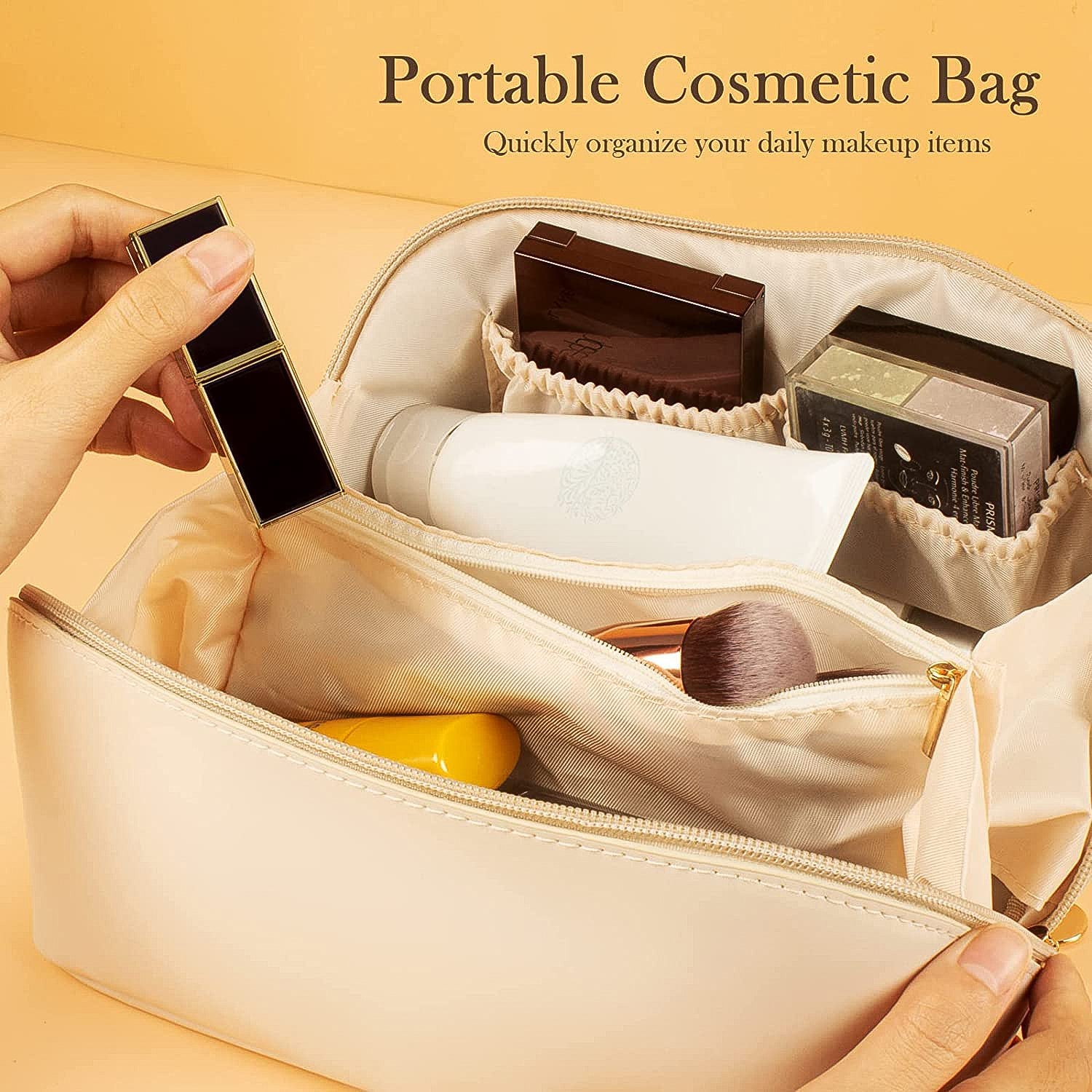 Premium Cream Travel Makeup  Toiletry Organizer Pouch With Zipper  Handle (1 Pc) Premium Cream Travel Makeup  Toiletry Organizer Pouch With Zipper  Handle (1 Pc)